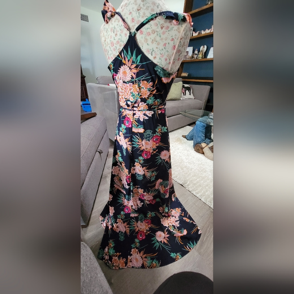 Pink Lily Asymmetrical Floral Dress - Navy and Pink Size Small - Picture 8 of 9